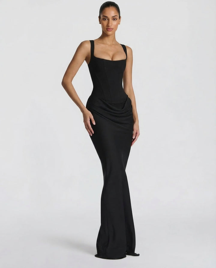 Women's Maxi Corset Dress with Draped Waist and Sculpted Silhouette