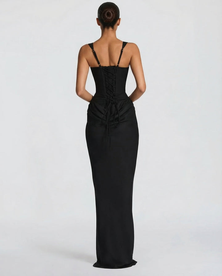 Women's Maxi Corset Dress with Draped Waist and Sculpted Silhouette