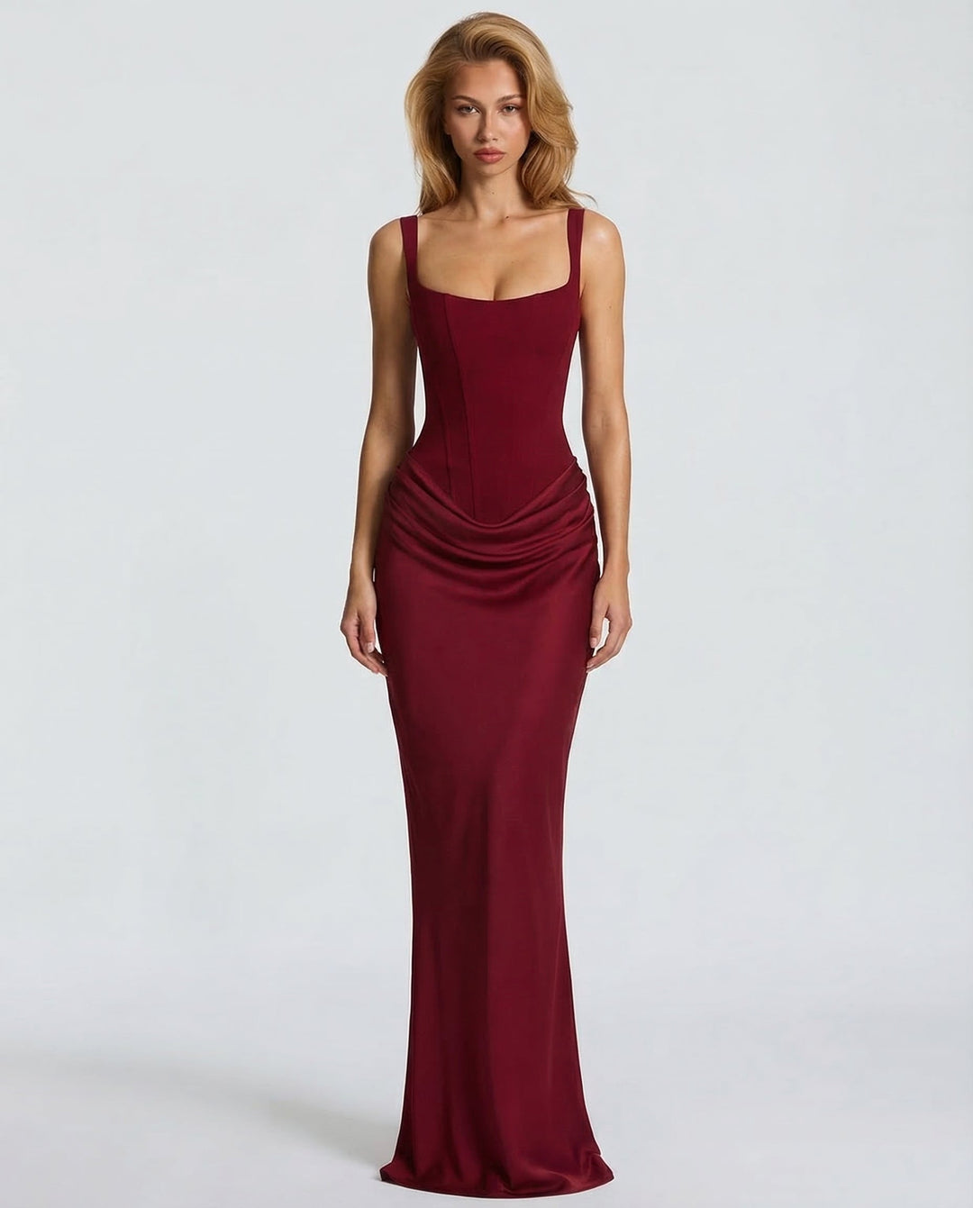 Women's Maxi Corset Dress with Draped Waist and Sculpted Silhouette