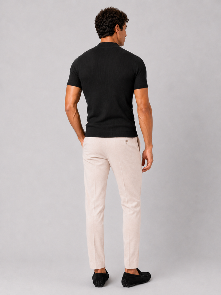 Men's ribbed T-shirt with stand-up collar – fitted stretch short-sleeved top