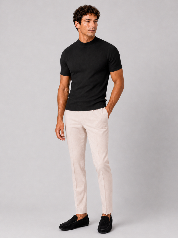Men's ribbed T-shirt with stand-up collar – fitted stretch short-sleeved top