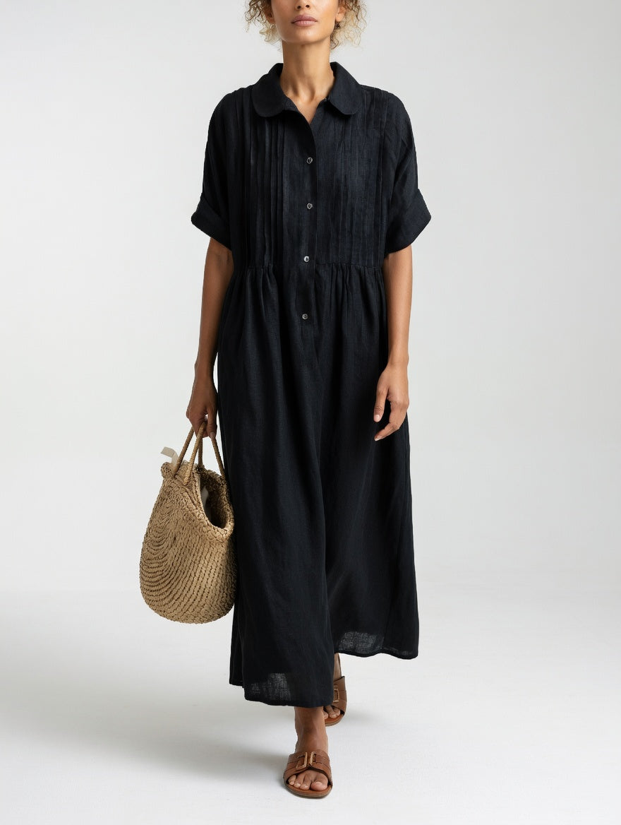 Casual Cotton Maxi Shirt Dress with Button Placket and Short Sleeves