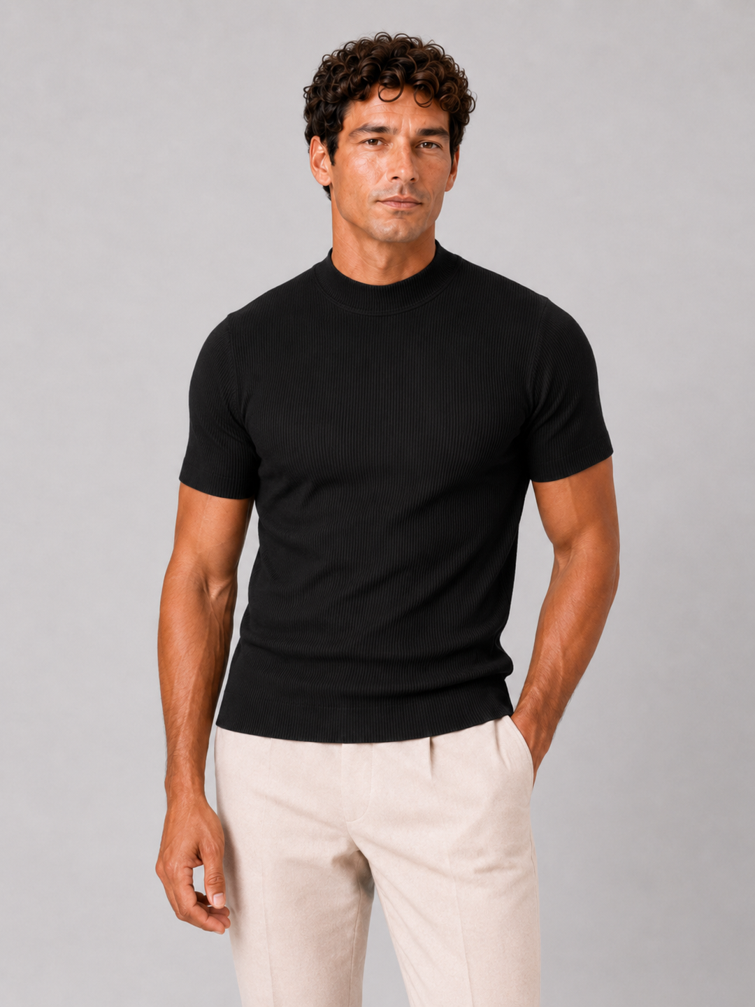 Men's ribbed T-shirt with stand-up collar – fitted stretch short-sleeved top