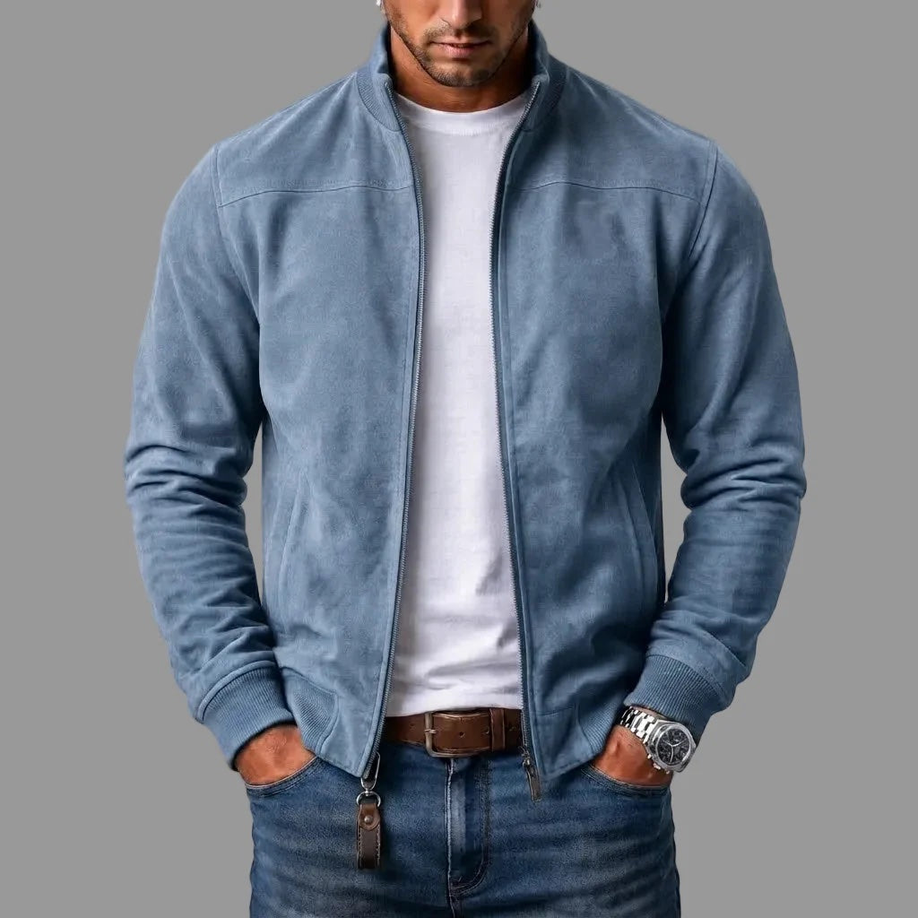 Men's Faux Suede Bomber Jacket with Stand Collar and Full-Length Zip