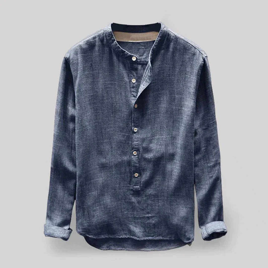 Men's Linen-Look Long-Sleeve Mandarin Collar Shirt – Elian