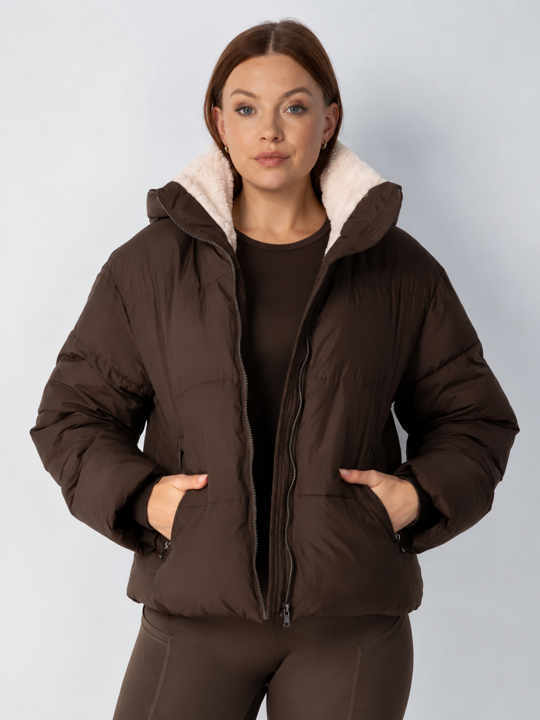 Women's Cropped Quilted Jacket with Removable Hood and Fleece Lining