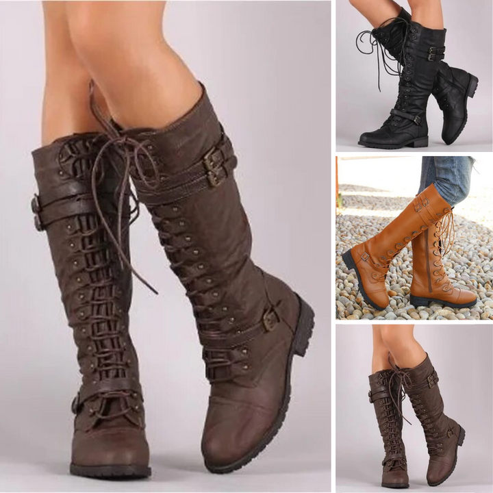 Retro Women's Lace-Up Boots with Buckle - Bella