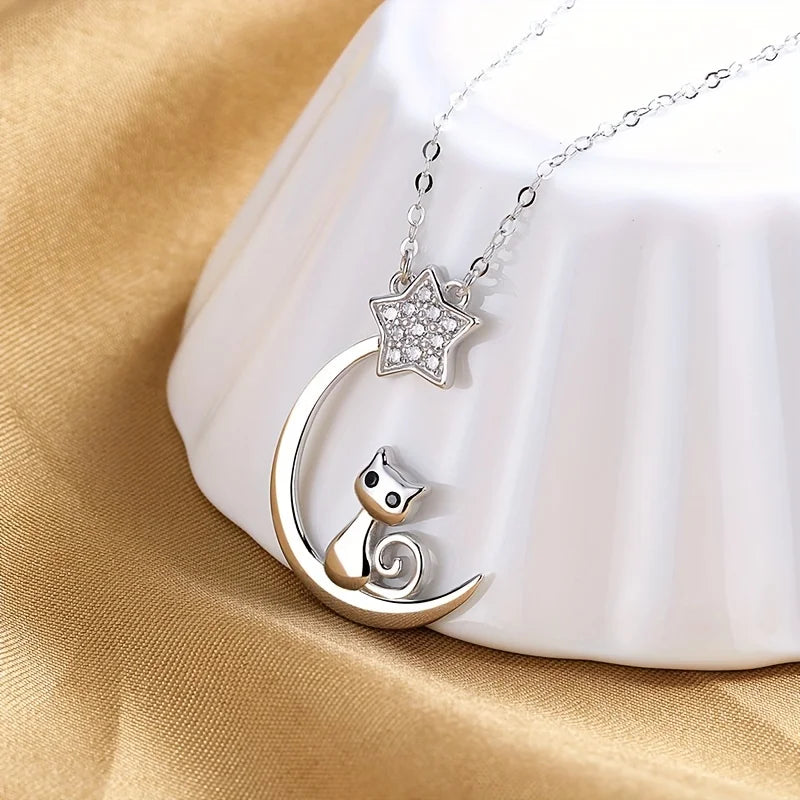 Sterling Silver Cat Moon Star Pendant