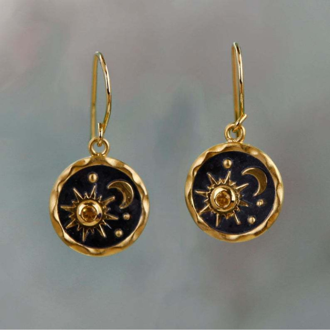 Bohemian Silver Earrings with Moon and Sun Design