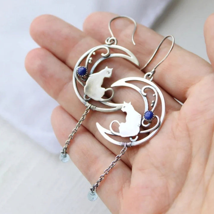 Blue Cubic Zirconia Cat Boho Earrings in Sterling Silver