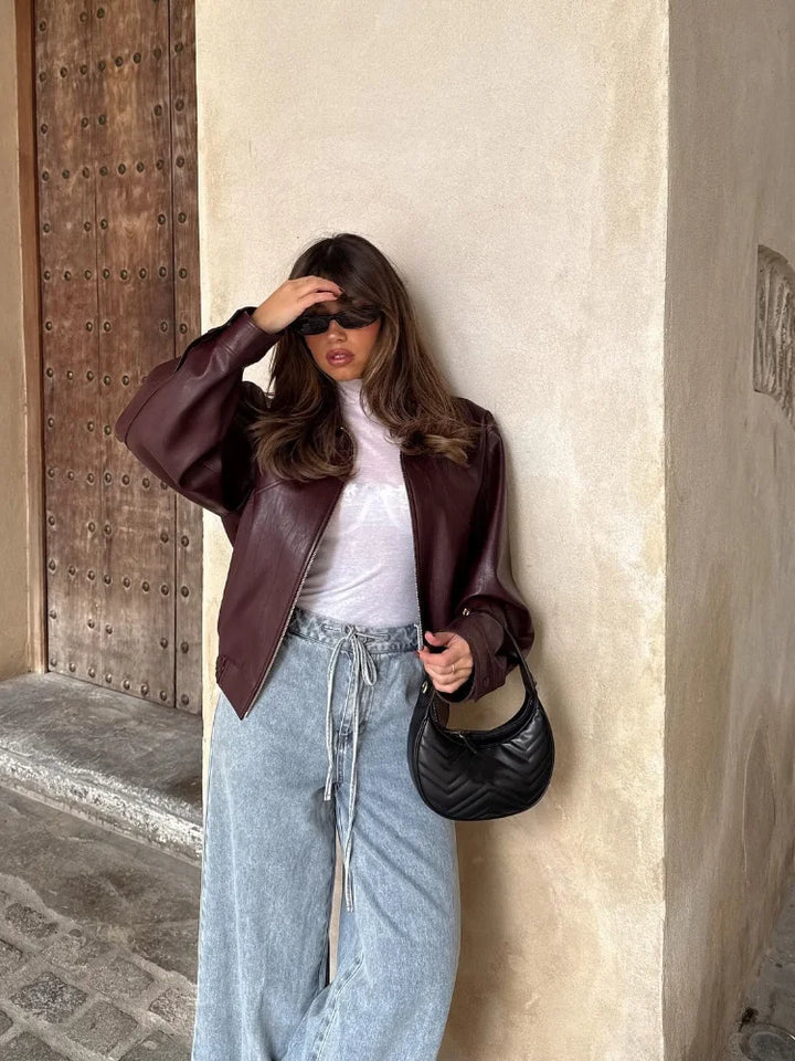 Women's Oversized Faux Leather Bomber Jacket - Burgundy