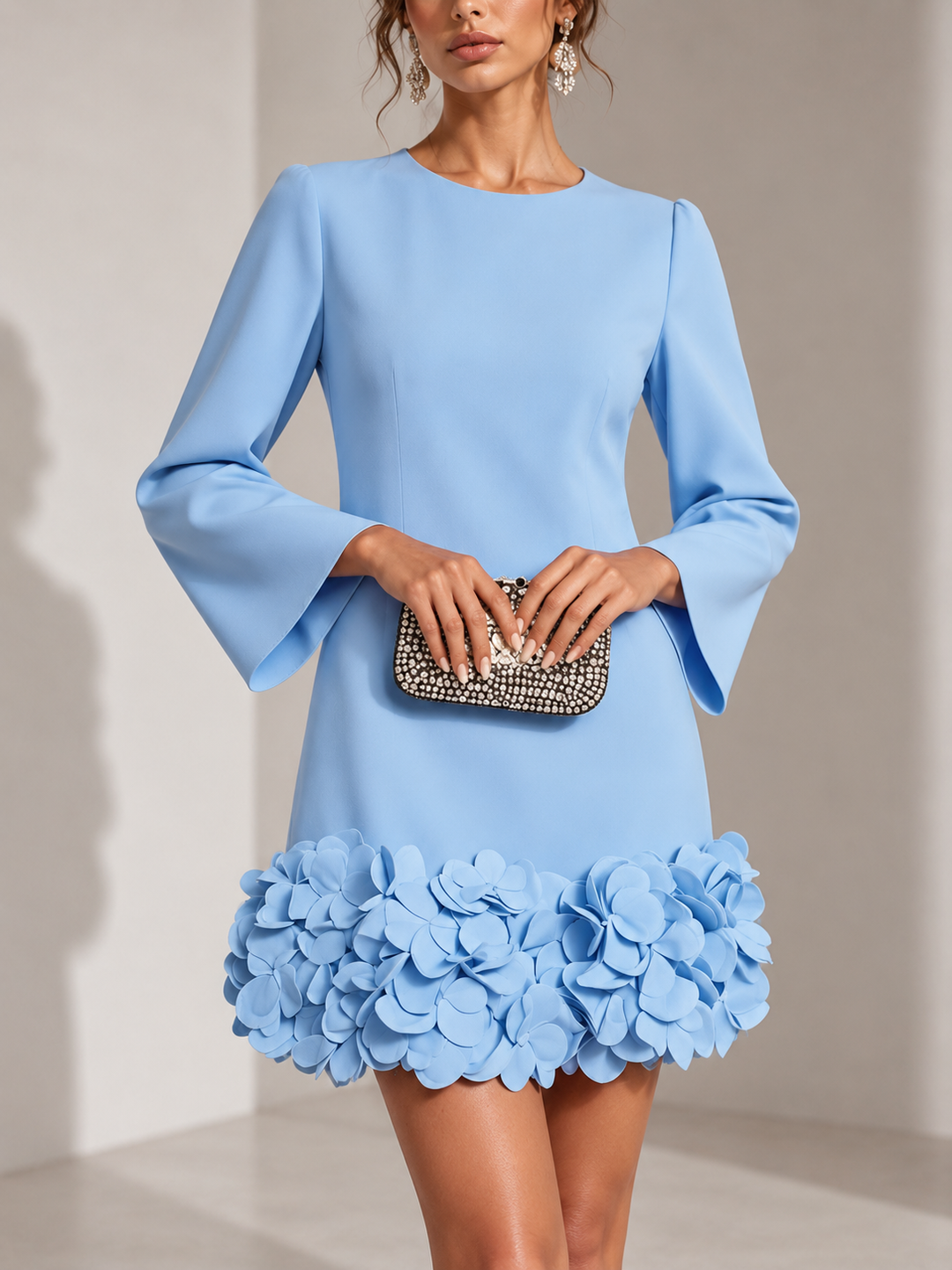 Elegant Short Dress with 3D Floral Appliqué and Flared Long Sleeves