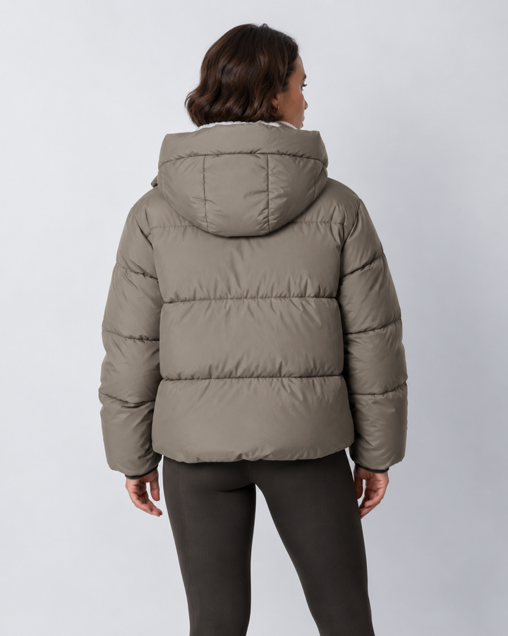 Women's Cropped Quilted Jacket with Removable Hood and Fleece Lining