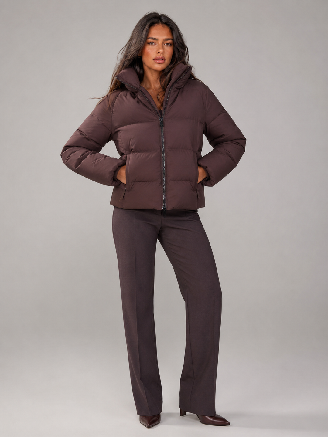 Women's Quilted Winter Jacket with Funnel Collar and Zip