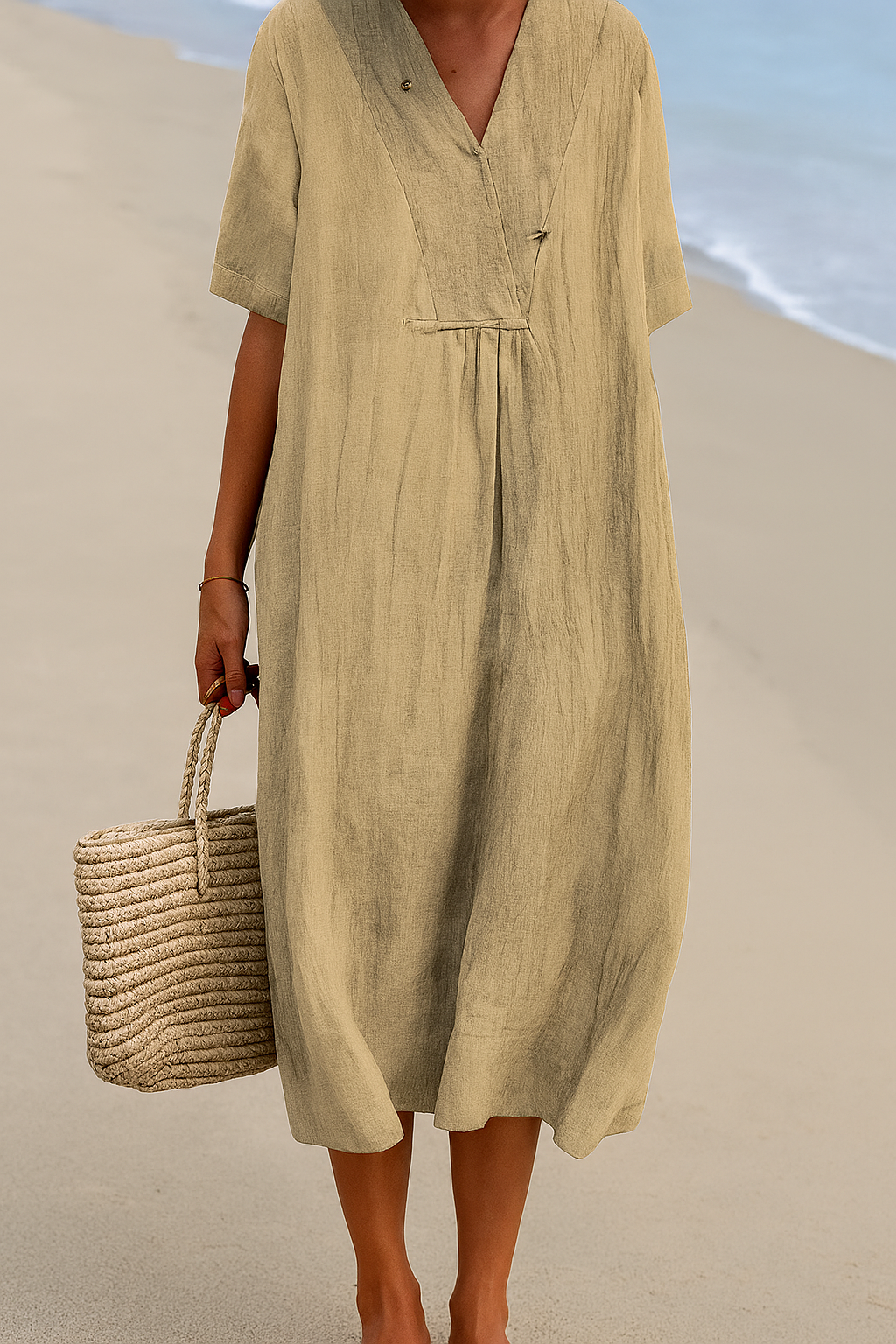 Relaxed Beach Dress with V-Neck and Short Sleeves