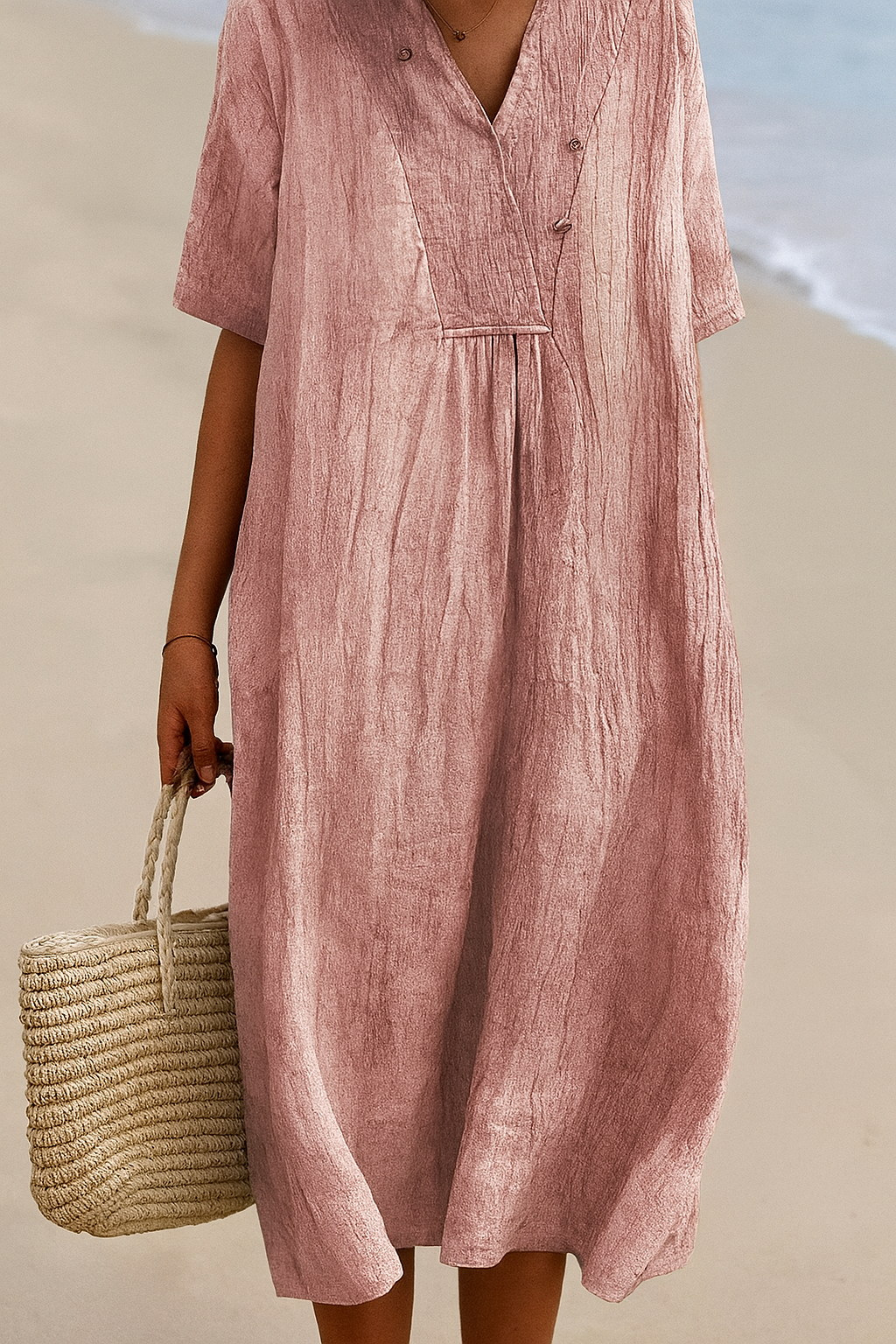 Relaxed Beach Dress with V-Neck and Short Sleeves
