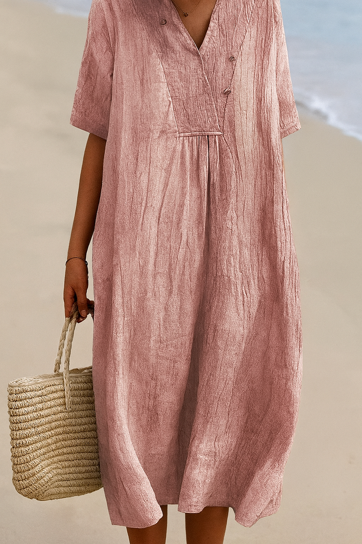 Relaxed Beach Dress with V-Neck and Short Sleeves