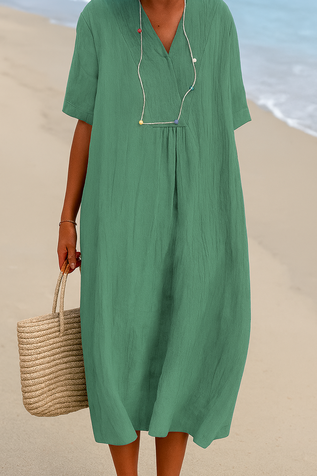 Relaxed Beach Dress with V-Neck and Short Sleeves