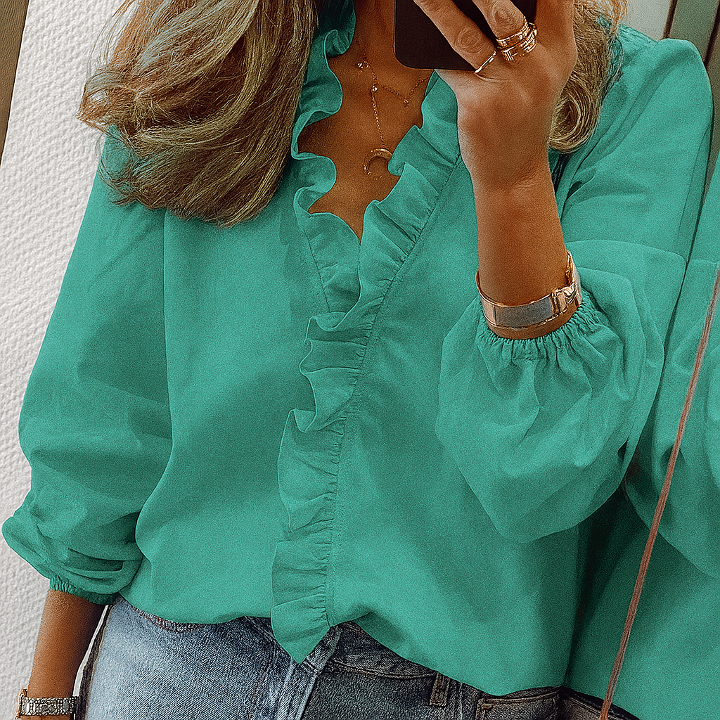 Ruffle Trim Blouse with Puff Sleeves