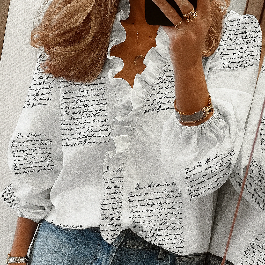 Ruffle Trim Blouse with Puff Sleeves