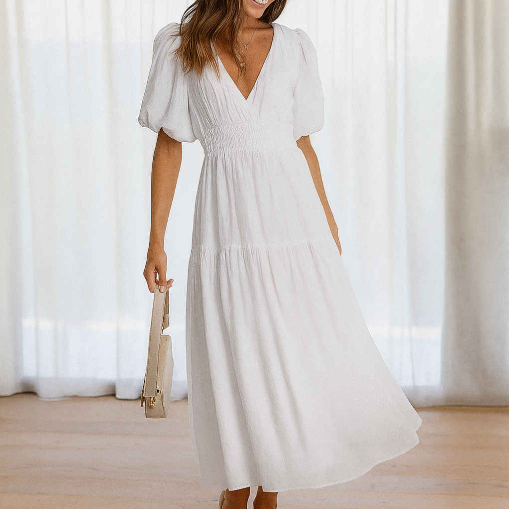 Women’s V Neck Midi Dress with Elastic Waist