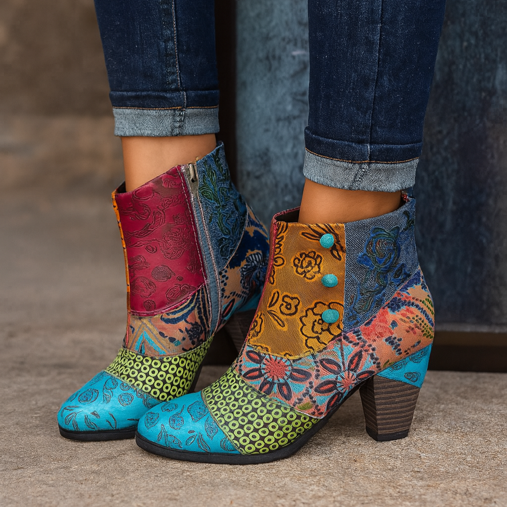 Women's Embossed Floral Chunky-Heel Boots