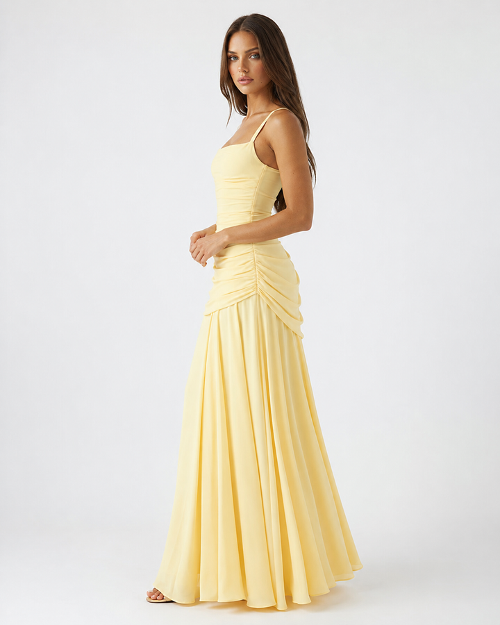 Flowing Chiffon Maxi Dress with Cowl Neck and Lace-Up Back