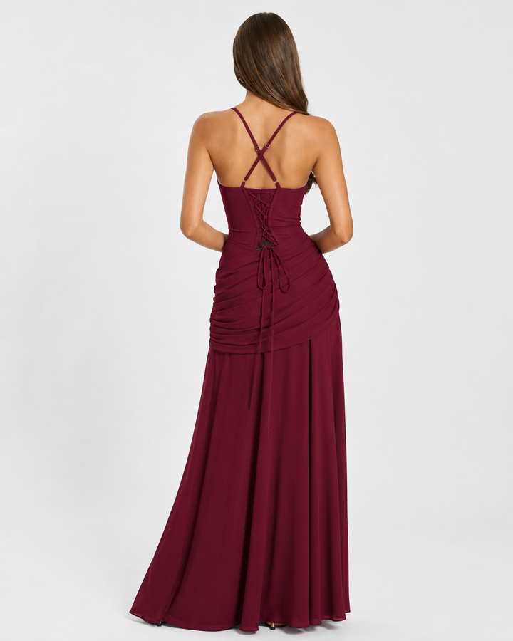 Flowing Chiffon Maxi Dress with Cowl Neck and Lace-Up Back