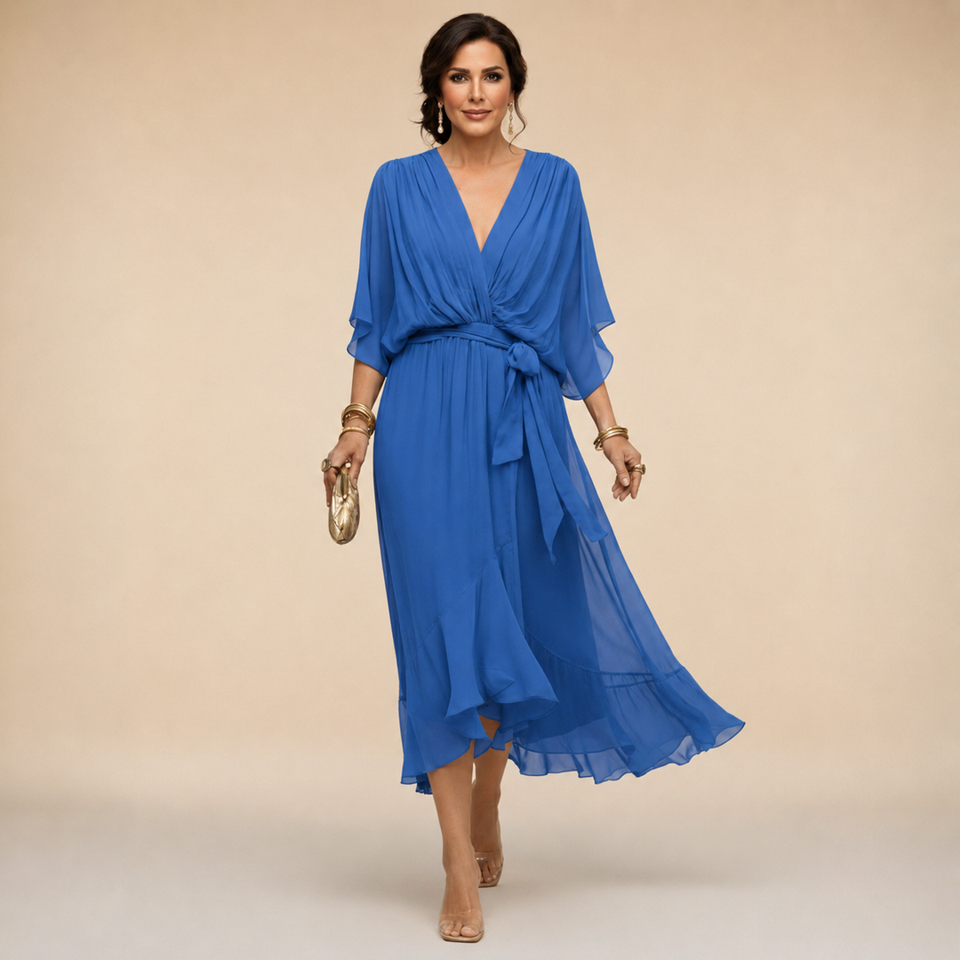 Women's Midi Wrap Dress with V-Neck and 3/4 Sleeves