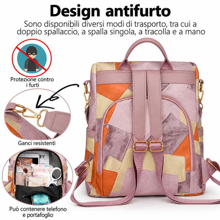 Checked anti-theft rucksack with multiple pockets