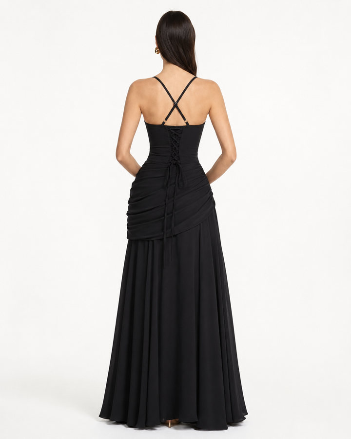 Flowing Chiffon Maxi Dress with Cowl Neck and Lace-Up Back
