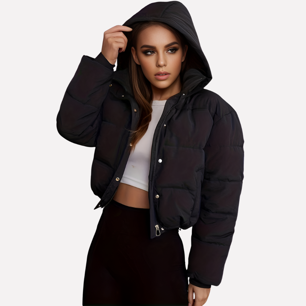 Women's Short Hooded Jacket with Front Zipper