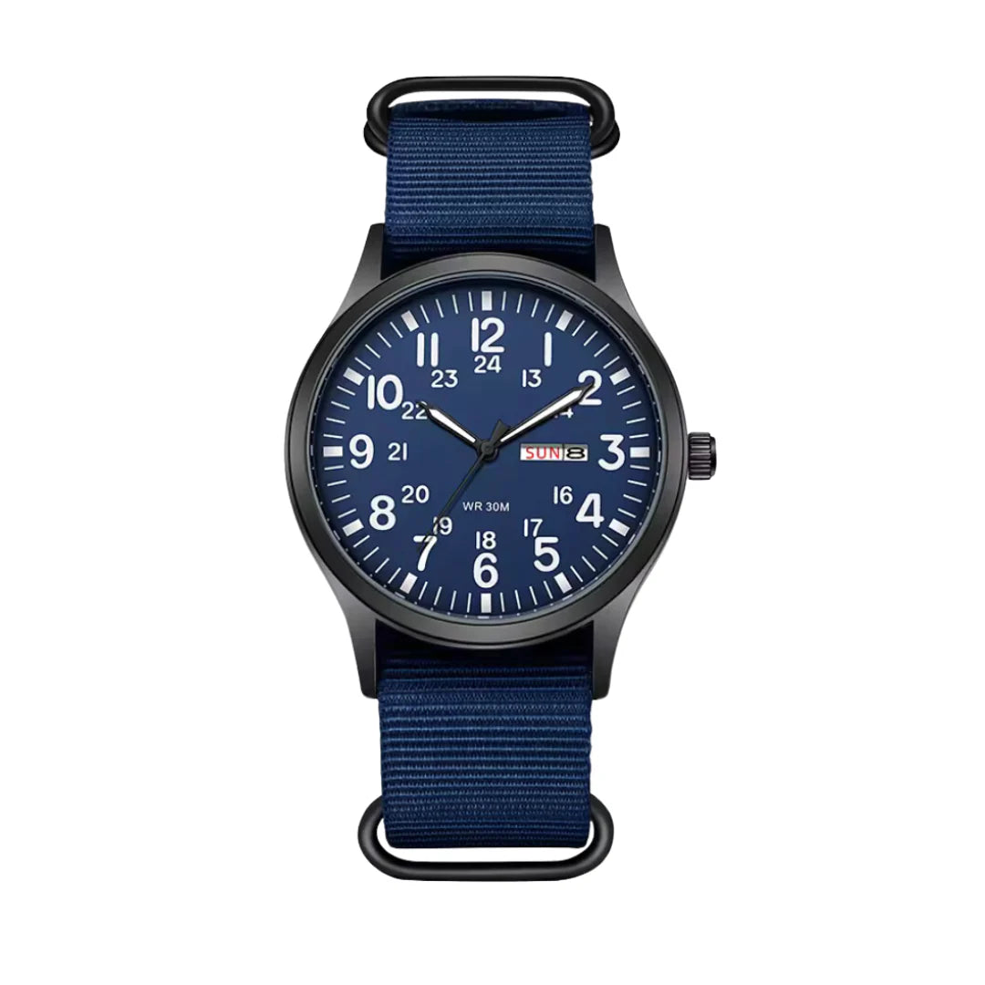 Men's Field-Style Watch with Woven Fabric Strap and Day-Date Display