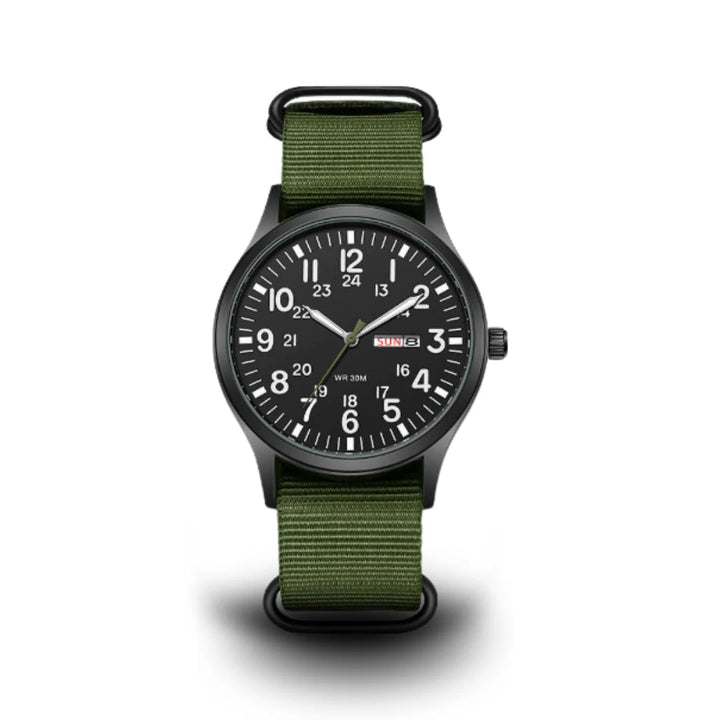 Men's Field-Style Watch with Woven Fabric Strap and Day-Date Display
