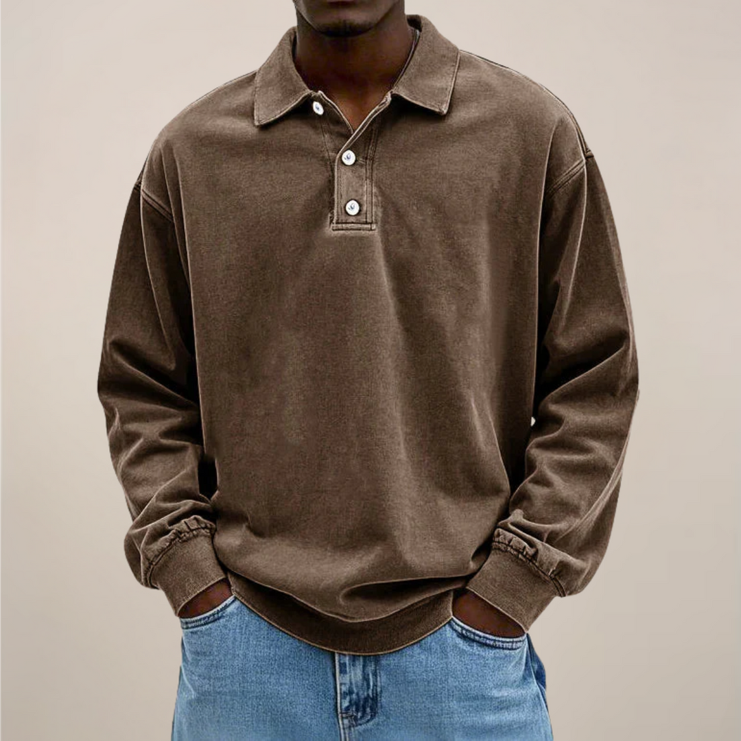 Men's Long-Sleeve Polo Shirt with Button Placket and Relaxed Fit