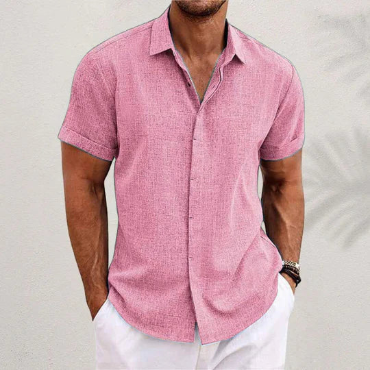 Classic Men's Short-Sleeve Shirt with Button Placket and Flared Collar