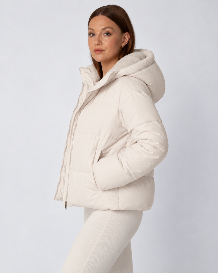 Women's Cropped Quilted Jacket with Removable Hood and Fleece Lining
