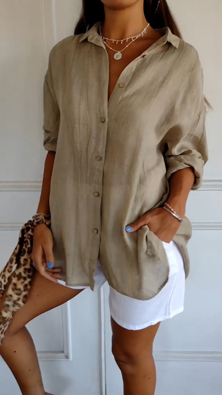 Women's Long Sleeve Blouse with Pleated Texture and Pockets
