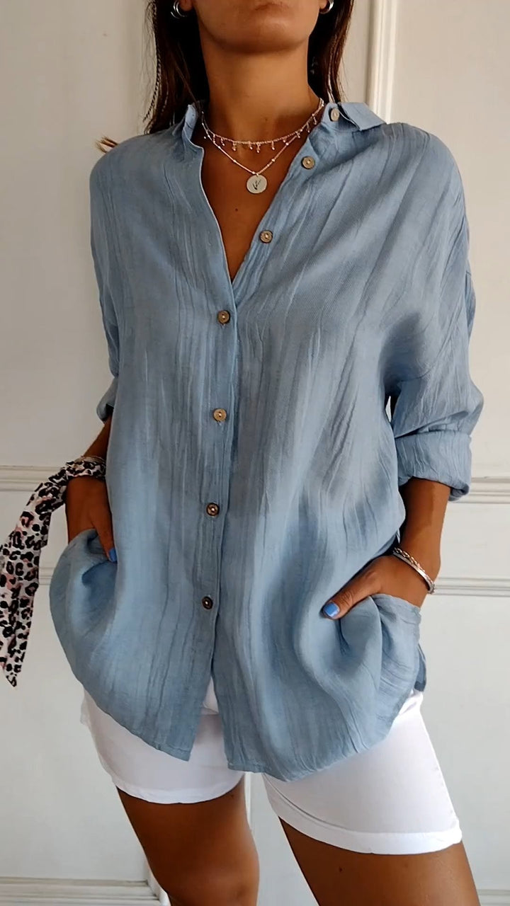 Women's Long Sleeve Blouse with Pleated Texture and Pockets