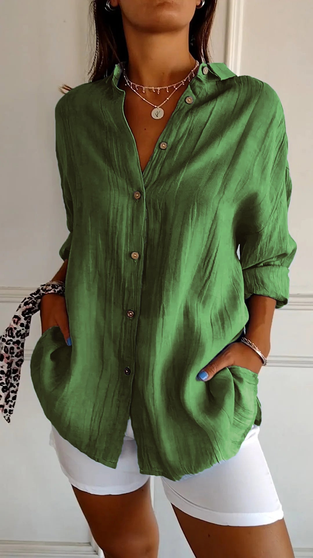 Women's Long Sleeve Blouse with Pleated Texture and Pockets