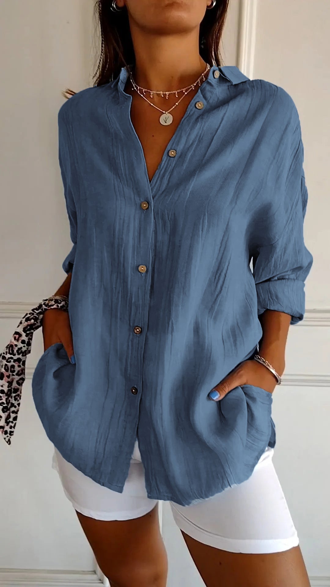 Women's Long Sleeve Blouse with Pleated Texture and Pockets