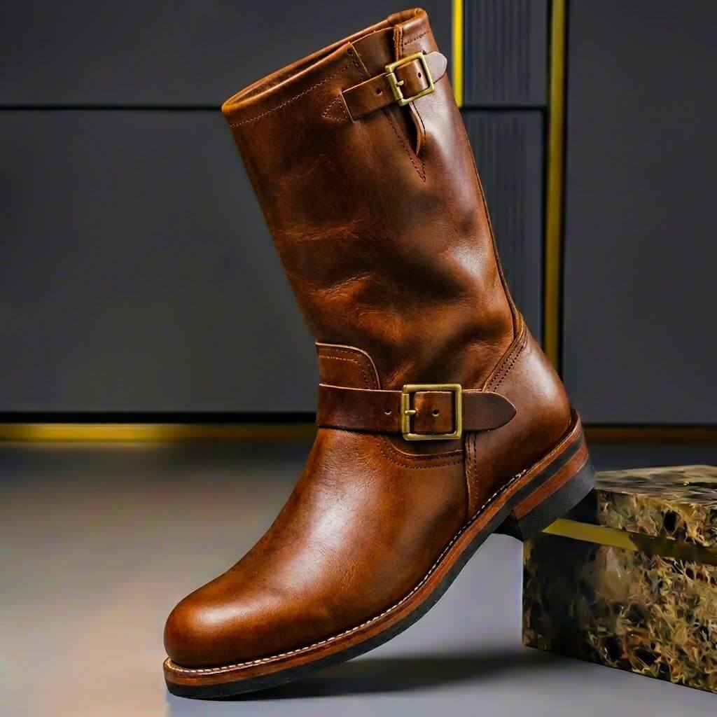 Men's Genuine Leather Engineer Boots with Buckle – Calf-High, for Fall and Winter