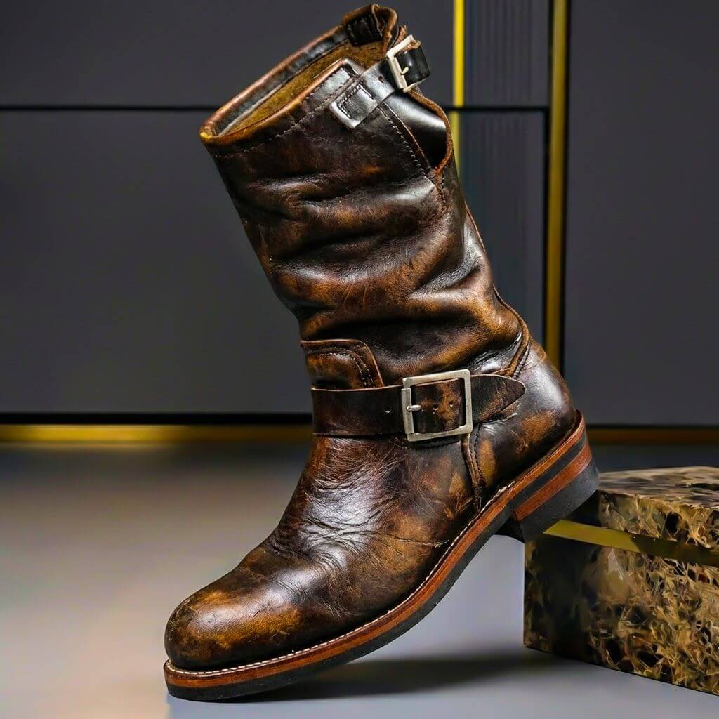 Men's Genuine Leather Engineer Boots with Buckle – Calf-High, for Fall and Winter