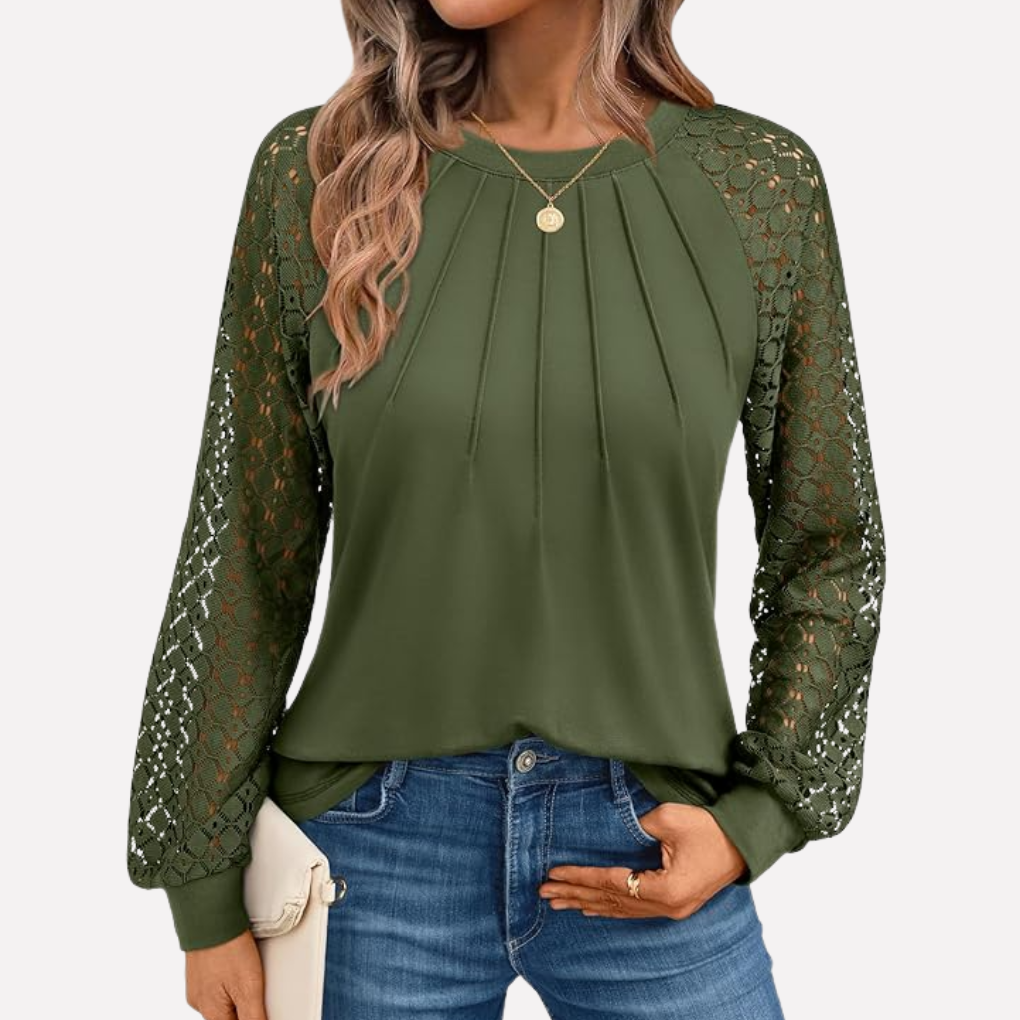 Pleated Lace Long-Sleeve Shirt