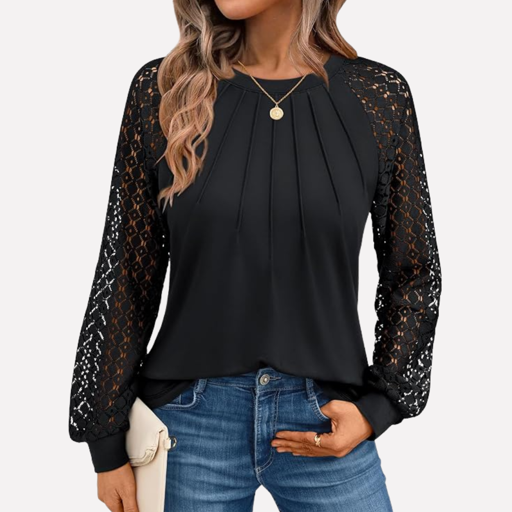 Pleated Lace Long-Sleeve Shirt
