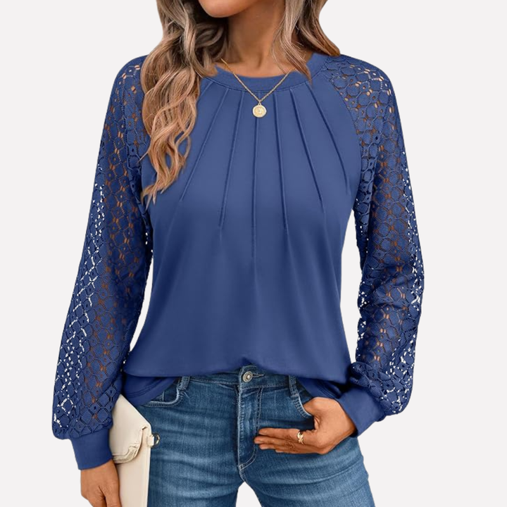 Pleated Lace Long-Sleeve Shirt
