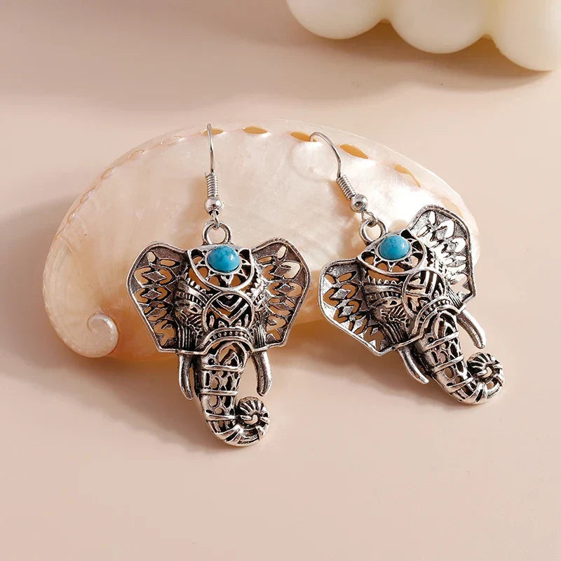 Vintage Elephant Dangle Earrings Silver Bohemian