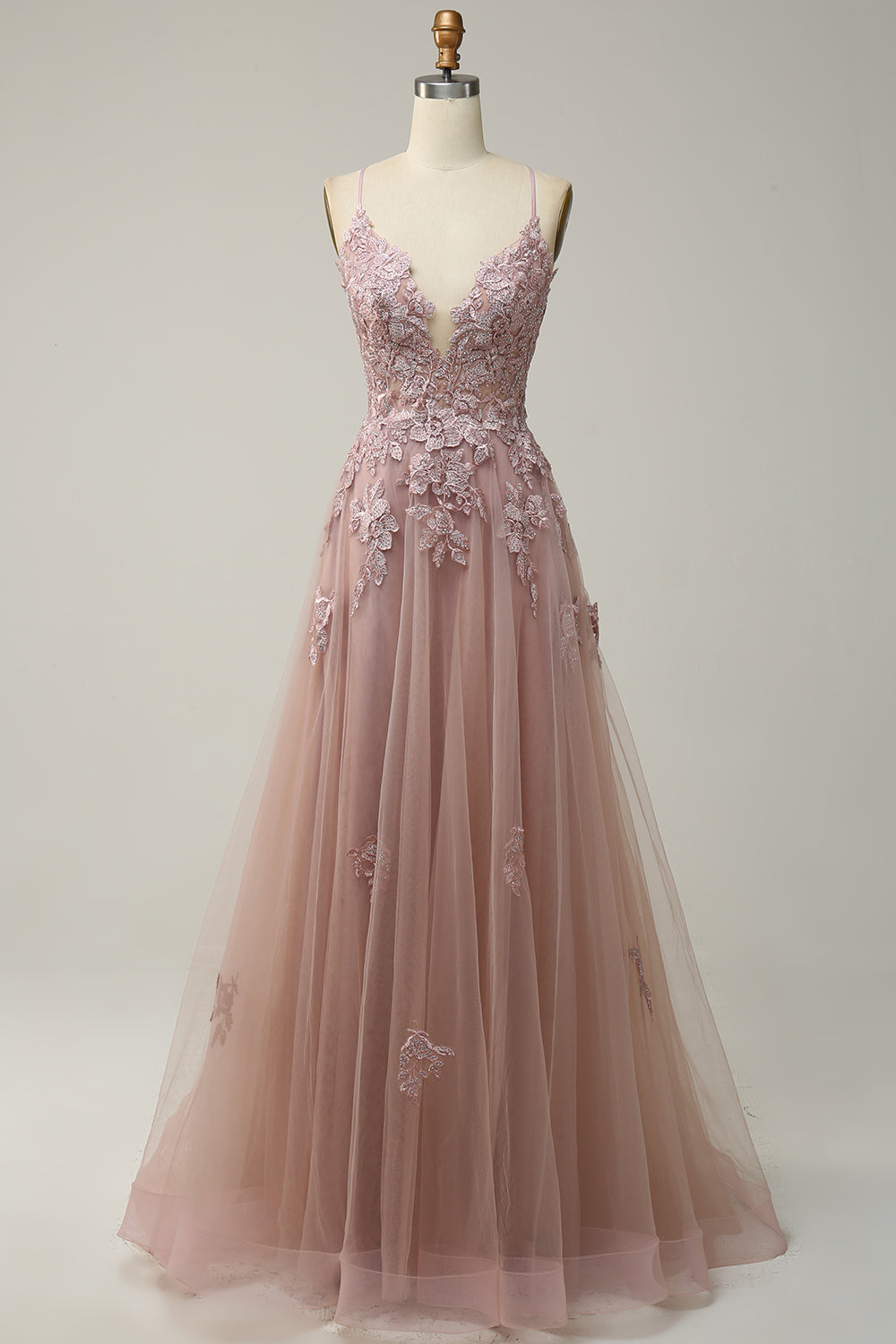Stylish A-Line Ball Gown with Spaghetti Straps and Lace-Up Back - Julia