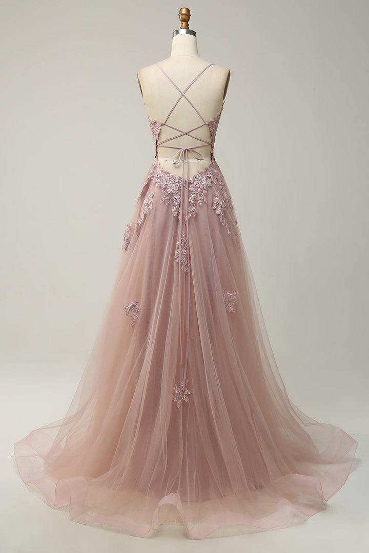 Stylish A-Line Ball Gown with Spaghetti Straps and Lace-Up Back - Julia