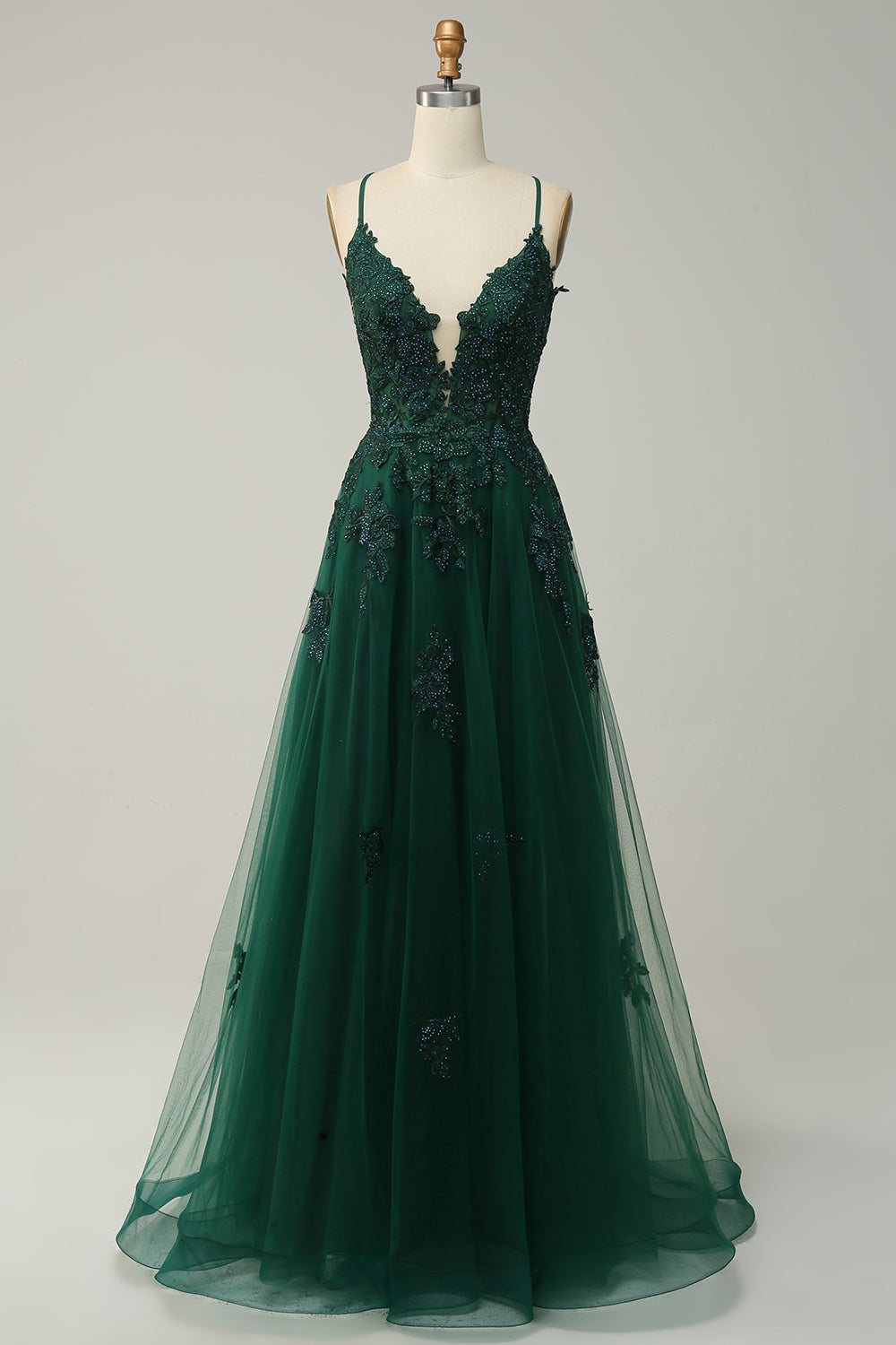 Stylish A-Line Ball Gown with Spaghetti Straps and Lace-Up Back - Julia